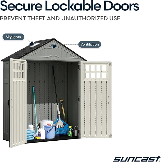 Suncast Everett 6x3 ft Vertical Storage Shed - Resin Plastic Outdoor Garden Shed with Floor, Windows, Skylight & Lockable Double Doors. Slim Yard Storage for Utility Tools & Backyard Equipment