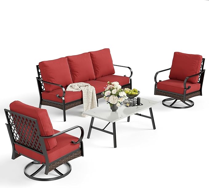 SUNSHINE VALLEY 4 PCS Metal Outdoor Patio Furniture Set, Patio Conversation Sets 3-Seater Sofa, 2 Swivel Chairs with 5.75" Extra Thick Cushion & Coffee Table, Black Frame Backyard Furniture, Rust Red