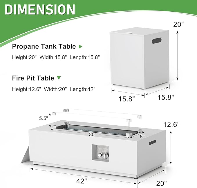 NICESOUL 42'' Rectangle Outdoor Gas/Propane Firepit Table, 50,000 BTU Low Profile Modern Fire Pit with Tank Storage & Windguard& Cover & Glass Rocks for Patio Outside, CSA Certified, Greyish White