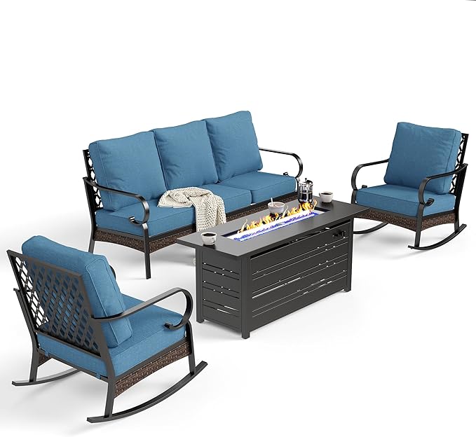 SUNSHINE VALLEY 4 Piece Metal Outdoor Patio Furniture Sets with Firepit Table, Patio Conversation Sets 1 3-Seater Sofa, 2 Rocking Sofa with 5.75" Thick Cushion Backyard Furniture for Deck, Denim Blue