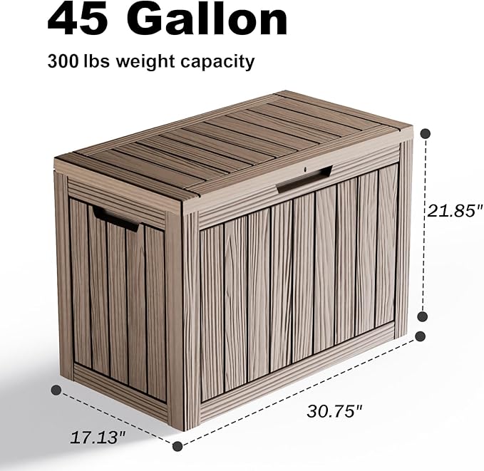 45 Gallon Deck Box Large Outdoor Storage for Patio Furniture,Outdoor Cushions,Garden Tools and Pool Supplies,Waterproof,Resin,Lockable(Grey)