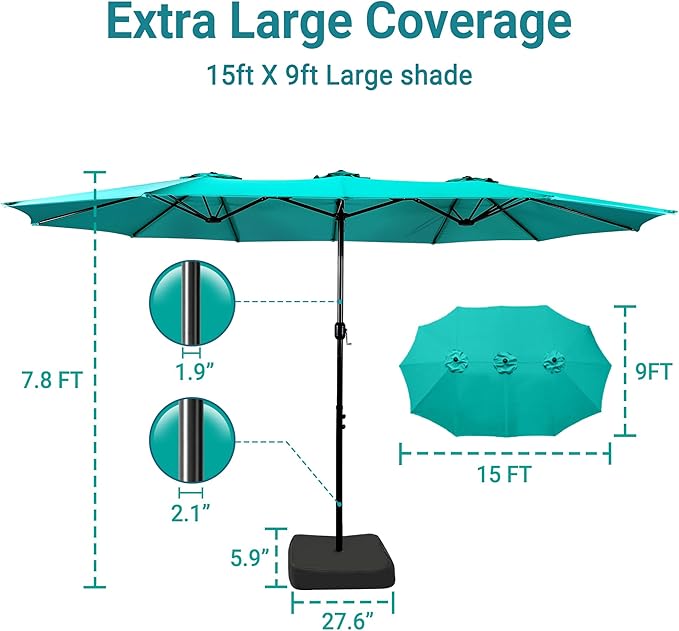Bigroof 15ft x 9ft Patio Double-Sided Umbrella with Base & Crank, Extra Large Rectangular Outdoor Umbrella for Patio, Lawn & Garden, Beige