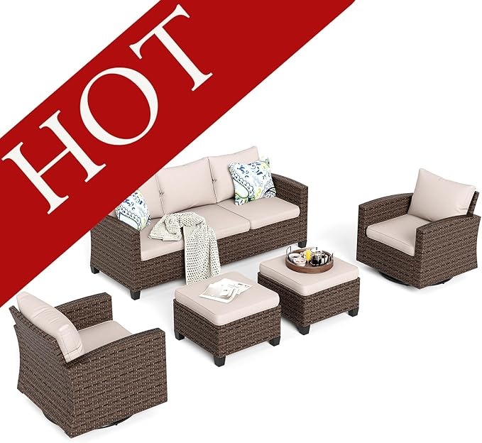 HERA'S HOUSE Wicker Patio Furniture Set with Swivel Glide Chairs, 5 Pieces Outdoor Conversation Sofa Sets with Cushions for Deck Lawn Backyard, Beige