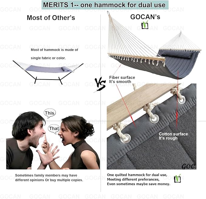 GOCAN Quilted Fabric Double Hammock Won't flip with Stand and Spreader Bars,Safer and Sturdier,Quality Hammocks for Outdoor Indoor Patio Yard Two Sided Dual use Deep Grey