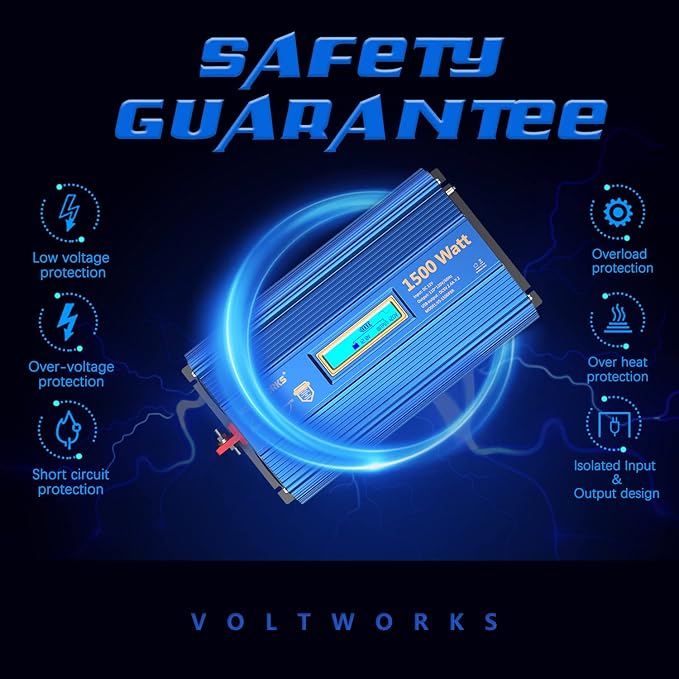 1500Watt Pure Sine Wave Inverter 12V DC to 110V 120V AC Power Inverter with Remote Control LCD Display and 2x2.4A USB Ports 3 AC Outlets Compatible with Lithium Battery for Home RV Truck by VOLTWORKS