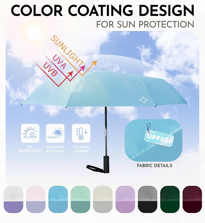 UV Travel Umbrella for Sun Protection & Rain, Compact Windproof Folding, Refined craftsmanship, Auto Open/Close, 43" Canopy with color coating, UPF 100+ UV Blocking, TSA Approved