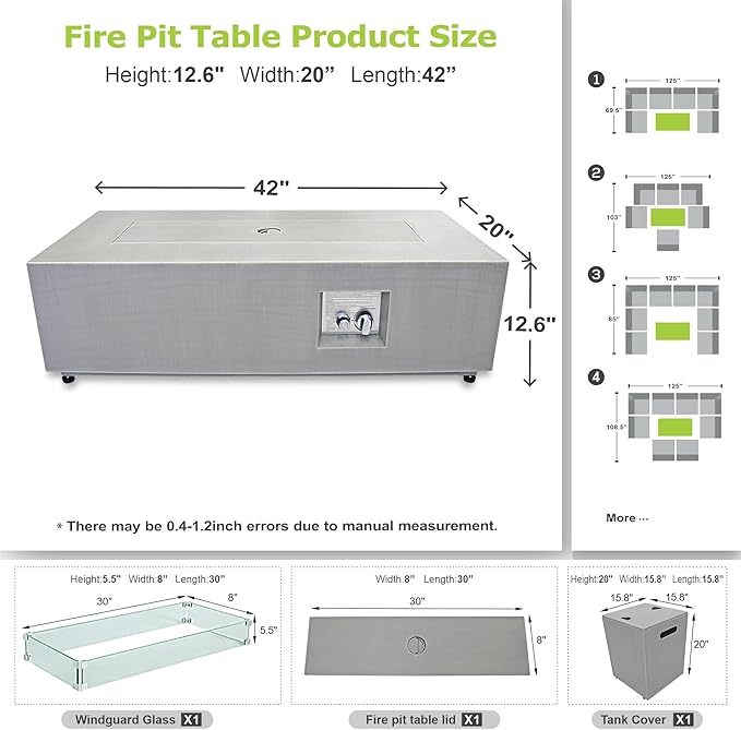 Dineli 2-Piece Outdoor Propane Fire Pit Table Set w Tank Table 42'' Rectangular Firepit Gas Fire Pits for Outside Patio Table Fire Pit w LED, 50,000 BTU (Light Gray, with Warmlight)
