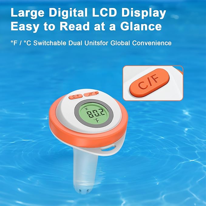Waterproof Rechargeable Digital Floating Pool Thermometer for Swimming Pool/Fish Tank/Bathtub/Hot Tub/Jacuzzi/Aquarium, LCD Screen Easy to Reading