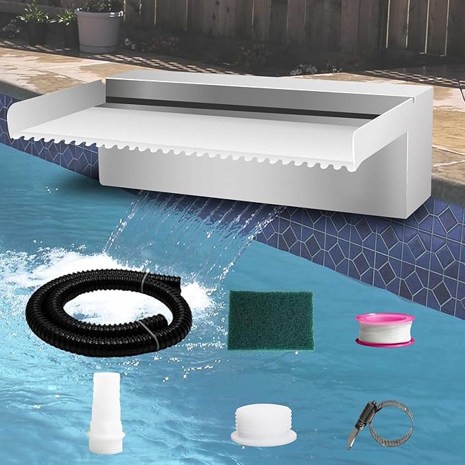 Pool Fountain Stainless Steel Pond Waterfall Spillway Kits for Indoor/Outdoor Decorative, 12 Inches Pool Water Feature for Garden Patio, Backyard Koi Pond Decor(No LED Light)