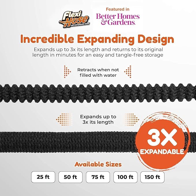 Flexi Hose PLUS with 8 Function Nozzle Expandable Garden Hose, Lightweight & No-Kink Flexible Garden Hose, 3/4 inch Solid Brass Fittings and Double Latex Core, 50 ft Black