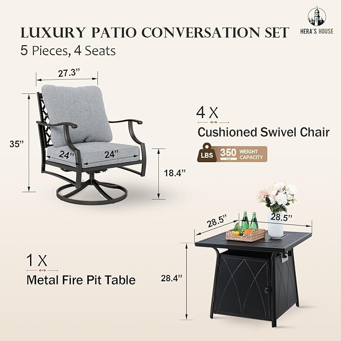 HERA'S HOUSE 5 Pieces Fire Pit Patio Furniture Set, 4 x Thick Cushioned Swivel Chairs with 28" Fire Pit Table (50,000 BTU), Outdoor Conversation Set for Garden, Backyard, Lawn, Grey