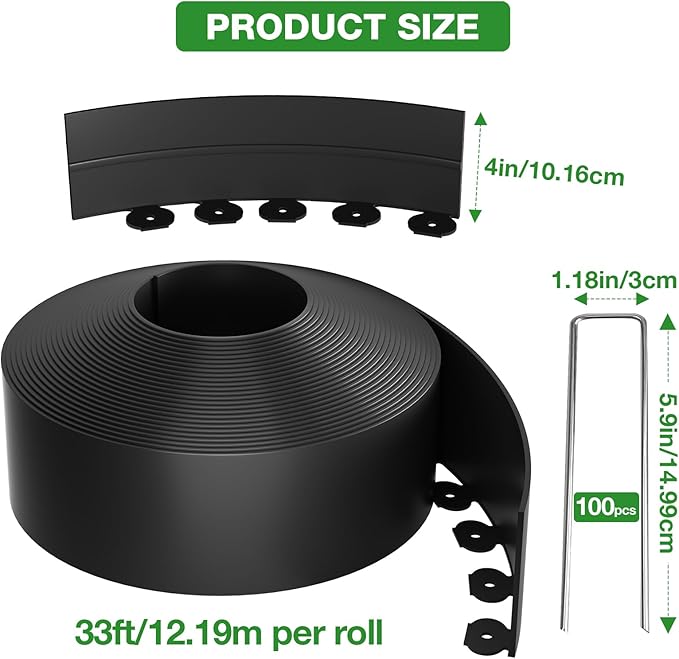 4in Tall,66ft Landscape Edging Kit with 100pcs Metal Spikes,Reinforced Rib Design,No-Dig Flexible Plastic Edge Border for Landscape, Lawn,Garden,Flower Beds,Yard,Paver,Playground, Fence,Pathway,Black