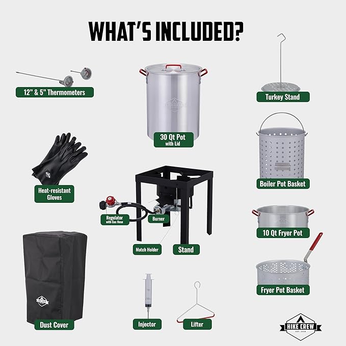 Hike Crew Outdoor Turkey Fryer Kit - Complete Kit for Steaming, Boiling & Frying with 30Qt Boiler Pot, 10Qt Fryer Pot, Fry Baskets, Stand, 2 Thermometers, Injector, Gloves, Storage Cover & More