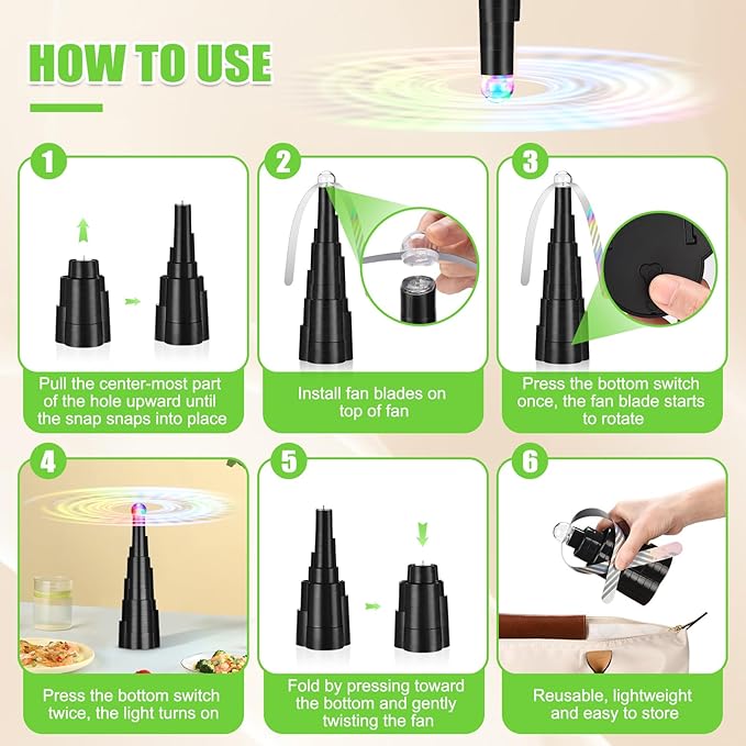 Fly Fans for Tables, Rechargeable Fly Fan for Outdoor Table, Food Fan Table Top with Colorful Light, Fly Spinner for Home Party Picnic, Restaurant, Camping