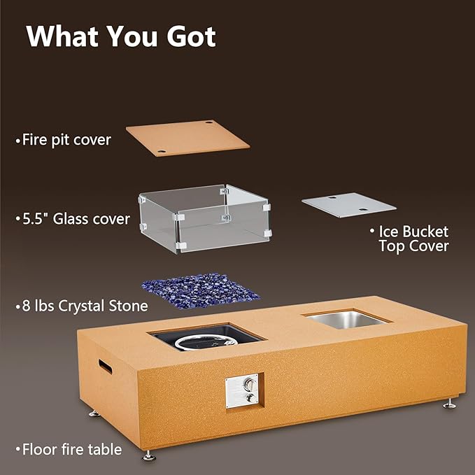 56 in Propane Fire Pit Table with Ice Bucket，50000BTU Fire Table with 13 in Square Drink Ice Bucket Wind Guard, Fire Glass Beads & CSA Safety Certified Outdoor Firepit for Patio Yard Garden(Orange)