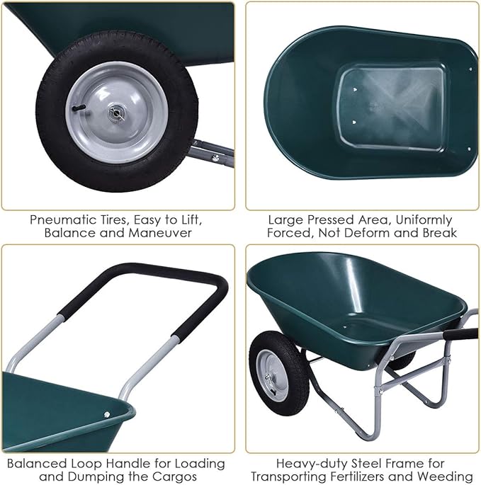 Goplus Dual Wheel Wheelbarrow, Heavy Duty Garden Cart, 330 lbs Capacity Utility Cart with Two 13 inches Pneumatic Tires for Outdoor Lawn Yard Farm Ranch