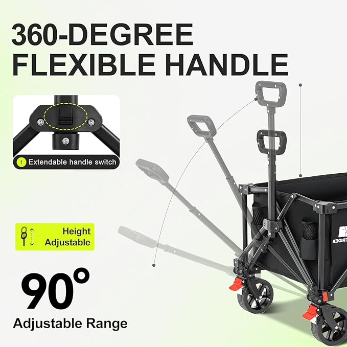 Collapsible Wagon Cart with Extended Tailgate,Heavy Duty Folding Cart, 155L Foldable Utility Wagons for Beach, Picnic, Grocery, Outdoor Camping(Black)