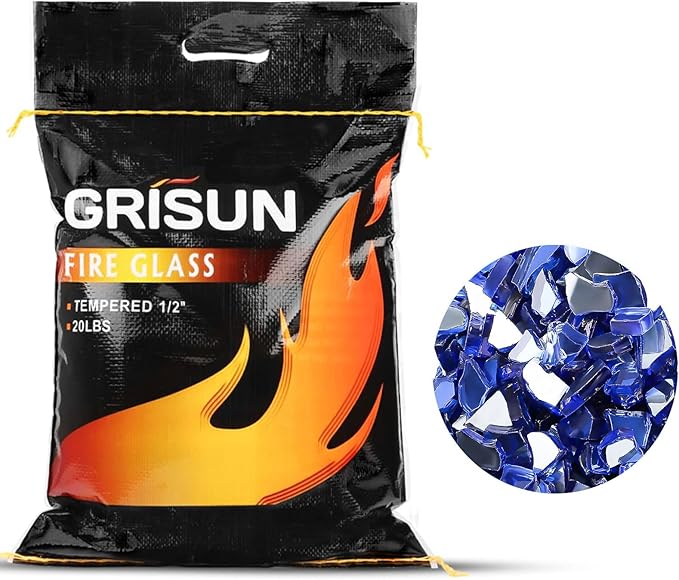 GRISUN Cobalt Blue Fire Glass for Fire Pit, 20 Pounds 1/4 Inch High Luster Reflective Tempered Glass Rocks for Natural or Propane Fireplace, Safe for Outdoors and Indoors Firepit Glass