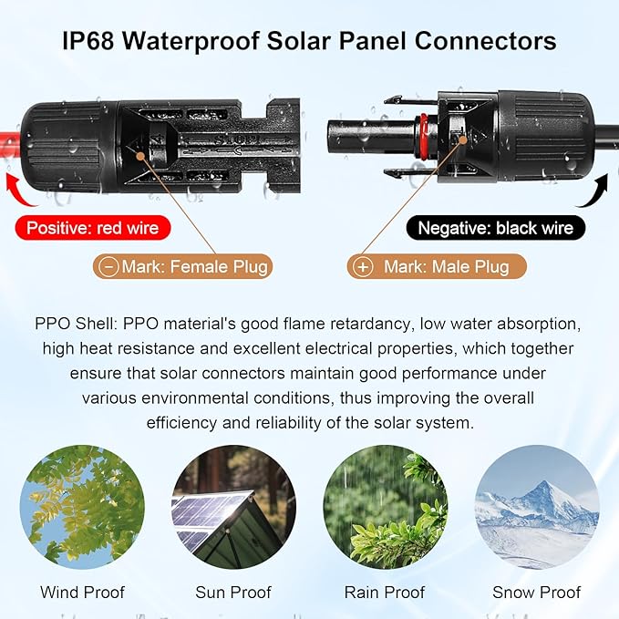 Solar Panel Extension Cable - 10AWG 15FT Solar Wire with Waterproof Female & Male Connector, Flame Retardant Protective Sleeving PV Wire for RV, Photovoltaic Systems, Home, Boat, Car