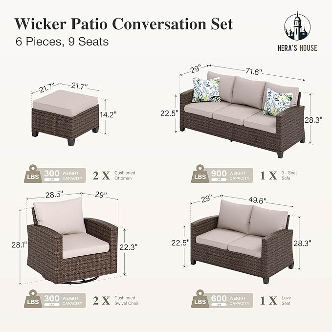 HERA'S HOUSE Outdoor Patio Furniture Set with Swivel Glide Chairs, 6 Pieces Wicker Patio Conversation Sofa Sets for Backyard Porch Deck, Beige