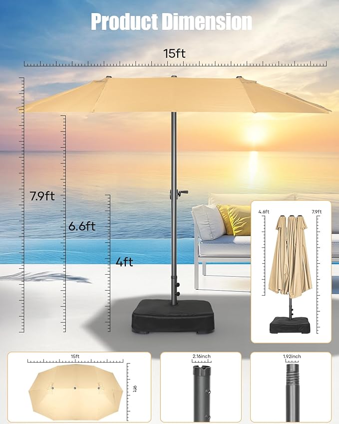15ft Large Patio Umbrella with Base Included, Outdoor Double-Sided Rectangle Market Umbrella with Crank Handle, Umbrella Outdoor Patio for Pool Lawn Garden