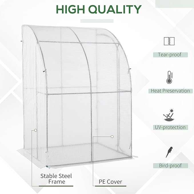 Outsunny 5' x 4' x 7' Outdoor Lean to Greenhouse, Walk-in Green House Plant Nursery with Roll-up Window, PE Cover, White