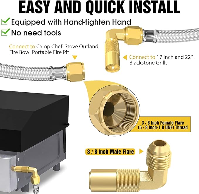 6FT Propane Quick Connect Hose for RV to Gas Grill, RV Quick Connect Propane Hose to RV 1/4" Female Quick Disconnect, with 1/4" Safety Shutoff Valve & Elbow Adapter for Blackstone 17"/22" Griddle