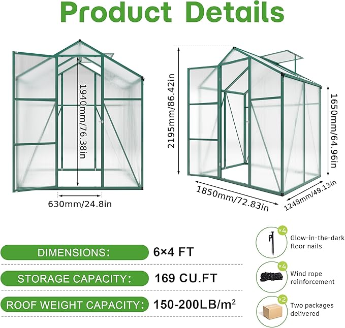 Greenhouse for Outdoors 6.1x4.1x7.2 FT, Polycarbonate Greenhouses with Roof Vent, Lockable Door and Ground Nails, Heavy-Duty Aluminum Walk-in Green House, Large Sunroom for Garden, Green