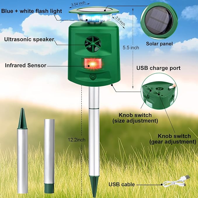 Deer Repellent Device Ultrasonic Solar Animal Repeller,360 ° Squirrel Repeller Outdoor with Motion Sensor & Flashing Light,Racoon Repellent Outdoor Repel Fox Rabbit Squirrel Raccoon Skunk-Dark Green