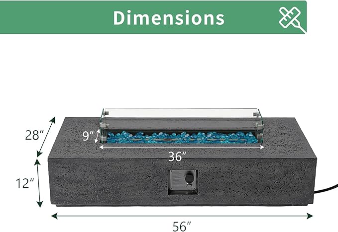 SUNBURY Outdoor Travertine Fire Pit Table, Propane Burning FirePit, 56x28 inch Square Patio Fire Table 50,000 BTU Fire Pit for Outside with Waterproof Cover and Blue Glass Stones, Light Gray