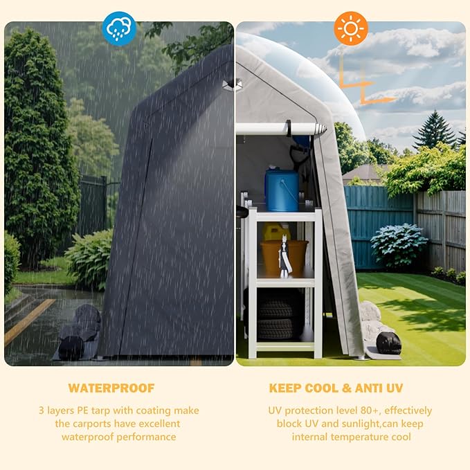 6x8 FT Outdoor Storage Shed, Portable Outdoor Storage Shelter with Roll Up Zipper Door and Vent Windows, Silver Grey