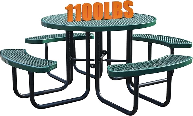 8-Person Outdoor Picnic Tables,46" Heavy-Duty Metal Round Picnic Table,Expanded Metal Commercial-Grade Table with 4 Benches & Umbrella Hole,Waterproof Coating Beach Table for Patio,Garden, Backyard