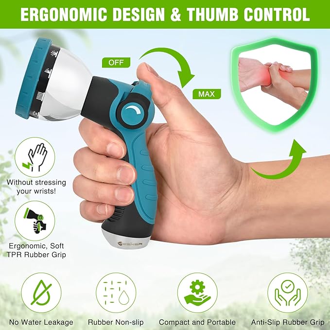 Yesker Garden Hose Nozzle Water Hose Sprayer Nozzle Adjustable 10 Spray Patterns Heavy Duty Metal Nozzles Thumb Control w Non-Slip Grip for Outdoor Watering Plants Lawn Washing Car Pets, Black & Blue