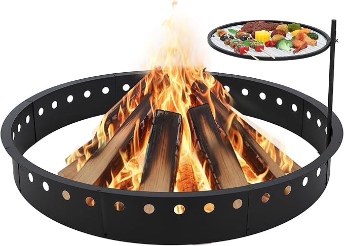 60 Inch Smokeless Fire Pit Ring with Grill Fire Ring for Outside Heavy Duty Metal Firepit Insert Round Steel Large Above/In-Ground Camping Firepit for Outdoor Camping Patio Picnic BBQ Garden