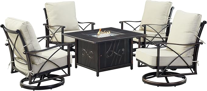 Oakland Living Black Aluminum Patio Fire Table Set with Four Club Chairs