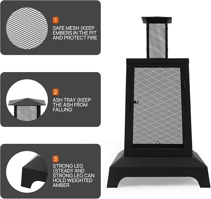 Walsport Chiminea Outdoor Fireplace, 43 Inch Wood Burning Fire Pit with Grill Grate and Spark Screen Cover, Outdoor Fire Pit for Patio, Backyard, Deck Porch and Camping (Black) ﻿