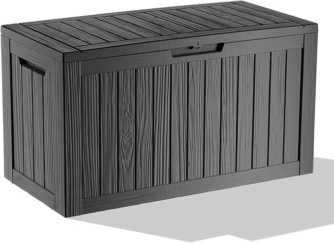 90 Gallon Waterproof Resin Deck Box, UV Resistant Outdoor Storage for Garden, Patio, Porch, Delivery, Striped Black