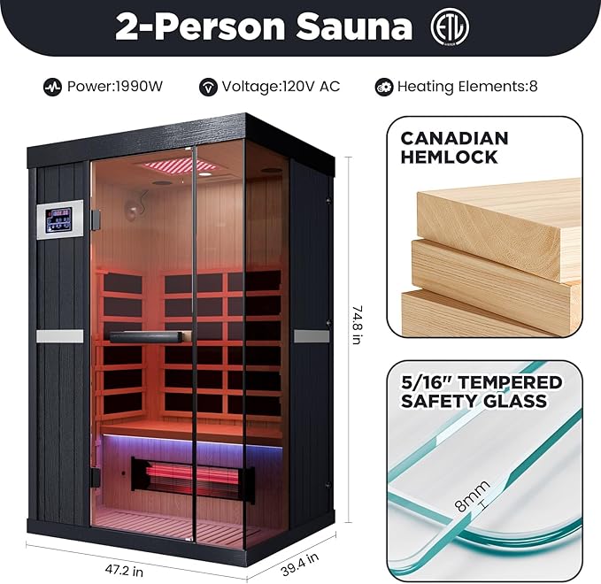 2-Person Full Spectrum Sauna, 1990W 120V with Red Light Therapy, 2 Speakers, Indoor Dry Sauna for Home & Gym, Canadian Hemlock Wood