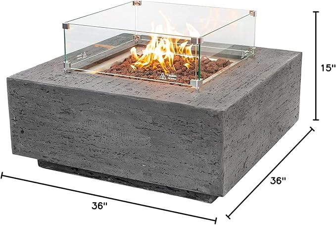 AMS Creations | Albany Square Natural Gas Outdoor Fire Pit Table | Concrete GFRC Fire Pit Table | with SS Burner, Canvas Cover, SS Lid, Lava Rock, and Wind Guard Included (Fuel Type: Natural Gas)
