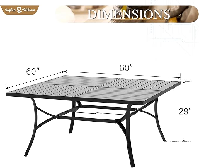 Sophia & William 60" Large Outdoor Patio Table for 8, Outdoor Square Metal Dining Table with 1.9" Adjustable Umbrella Hole, All Weather Wrought Iron Furniture Black Table for Garden Deck