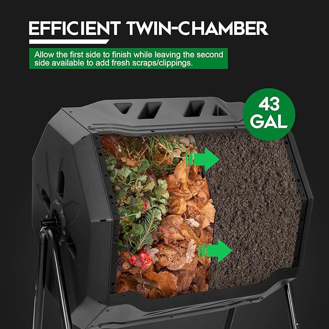 Saicool 43 Gallon Large Composting Tumbler Dual Chamber Outdoor Garden Rotating Compost Bin Tumbling Composter with Sliding Door,Black