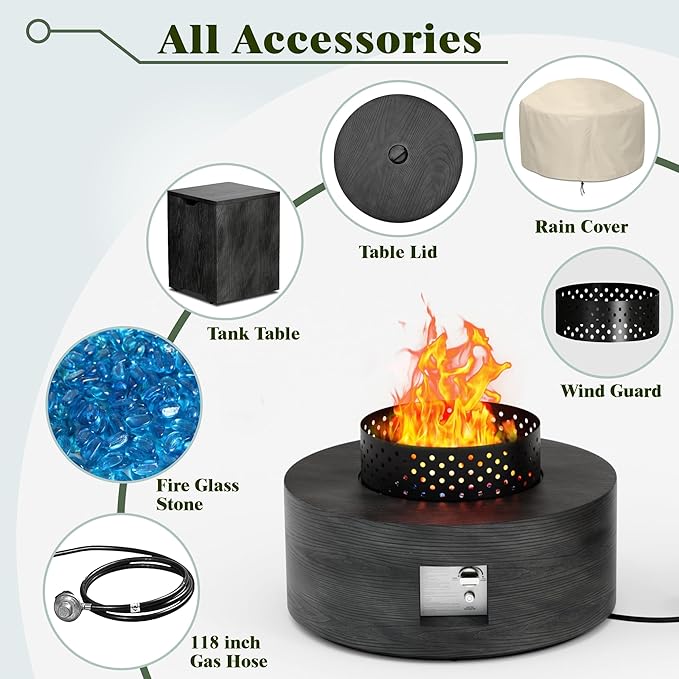Dineli 2-Piece Outdoor Propane Fire Pit Table Set w Tank Table 30'' Round Fire Pit Table 2-in-1 Firepit Table for Outside Patio Gas Fire Pit, 50,000 BTU, Dark Gray with Wood Grain