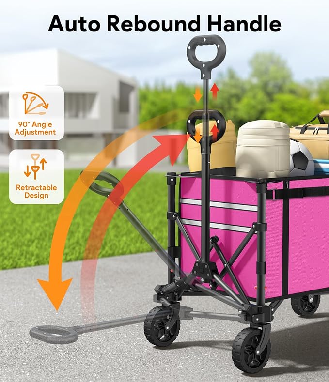 3 in 1 Collapsible Wagon Converts to Bench, 220lbs Foldable Wagon Cart with Wheels, 120L Shopping Cart for Groceries Folding Utility Wagon for Beach, Garden, Camping, Sport, Wheelbarrows, Pink