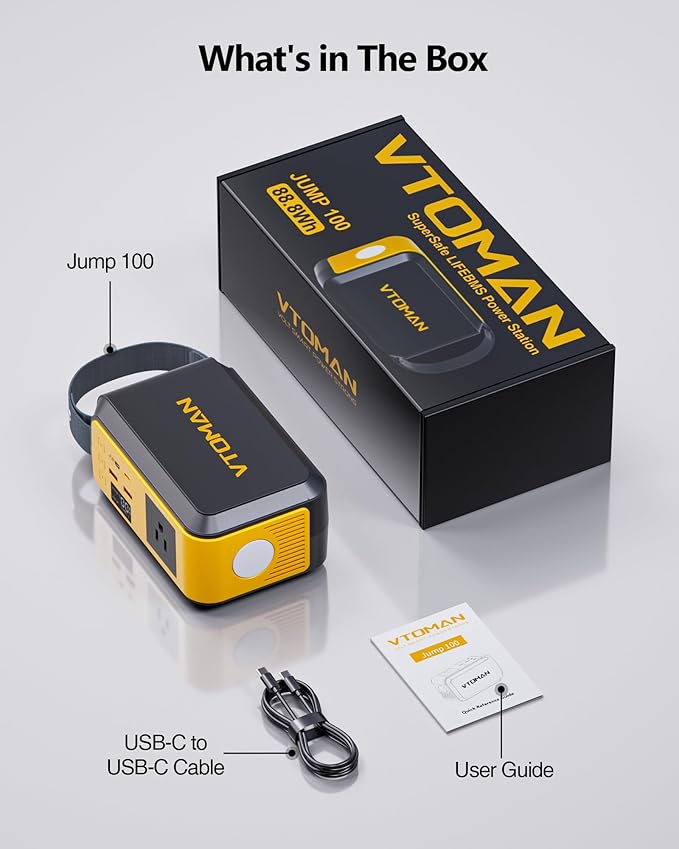 VTOMAN Jump100 88.8Wh Portable Power Station LiFePO4 Battery Solar Generator Power Bank with 100W AC Outlet, LED Light, PD 60W USB-C Fast Charging for Notebooks Mobile Phones Camera Tablets, Camping