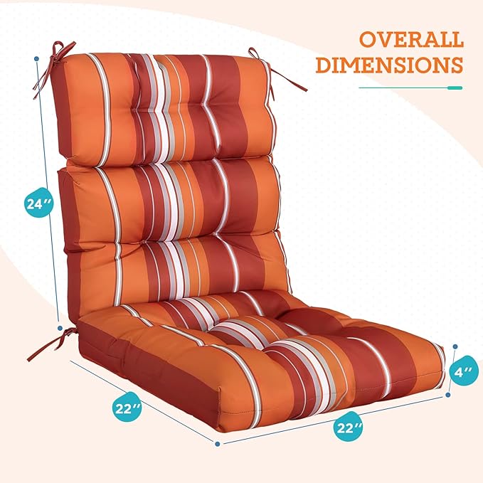 EAGLE PEAK Tufted Outdoor/Indoor High Back Patio Chair Cushions, Set of 4, 46'' x 22'', Red Stripes