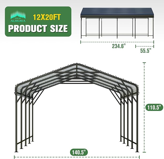 Polar Aurora 12x20 FT Metal Carport, Car Port with Enhanced Base Heavy Duty Garage Outdoor Galvanized Car Shelter, for Car, Boats and Truck