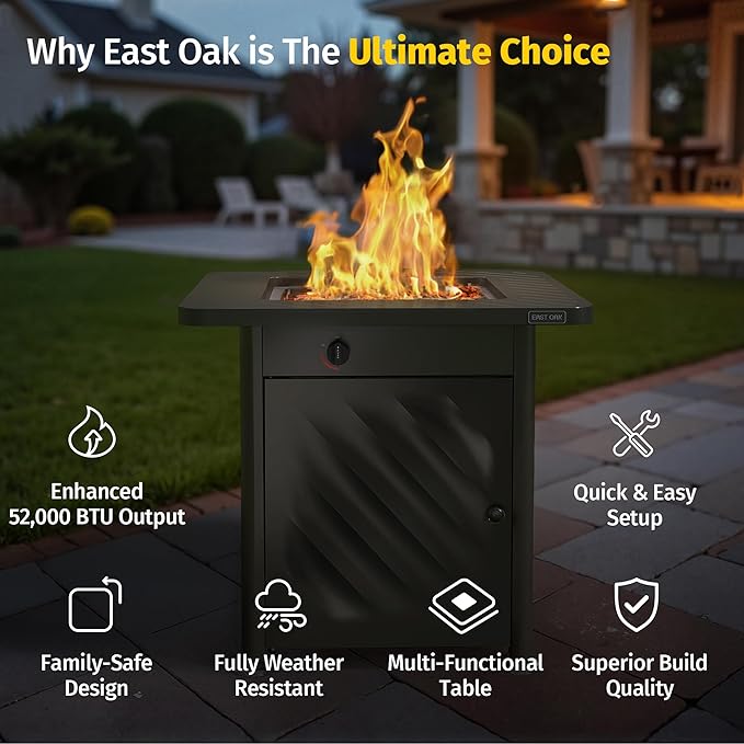 EAST OAK 28” Outdoor Propane Fire Pit Table | 52,000 BTU Gas Fire Pit for Outside with Easy-Hook Lid, Mesh Pocket & Lava Rocks | CSA Certified | Ideal for Patio, Garden & Backyard | Black