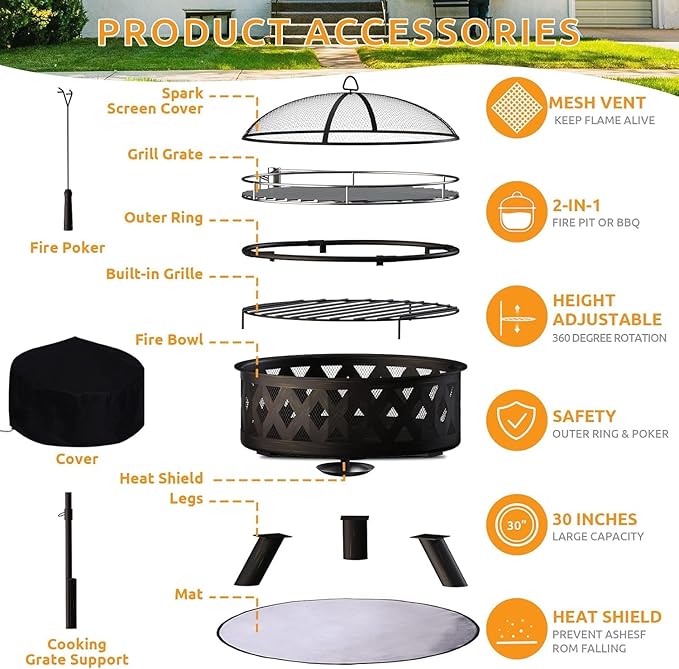 Amopatio Outdoor Fire Pit with Mat & Cover, 30 Inch Large Wood Burning Fire Pits, Patio Backyard Firepit with Steel BBQ Grill Cooking Grate, Spark Screen & Poker for Garden, Bonfire, Camping, Picnic