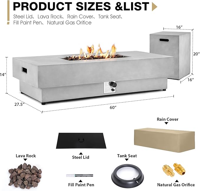 60" Rectangular Propane Fire Pit – 3-Piece 50,000 BTU Concrete Fire Pit with Glass Wind Guard and Tank Cover Table – Outdoor Firepits – Gas Fireplace for Deck or Patio
