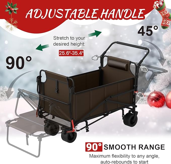 LEVELEVE Heavy Duty Folding Wagon - 2-in-1 Collapsible Cart, 650lb Capacity, All-Terrain Wheels w/Brakes & Side Pockets (Brown)